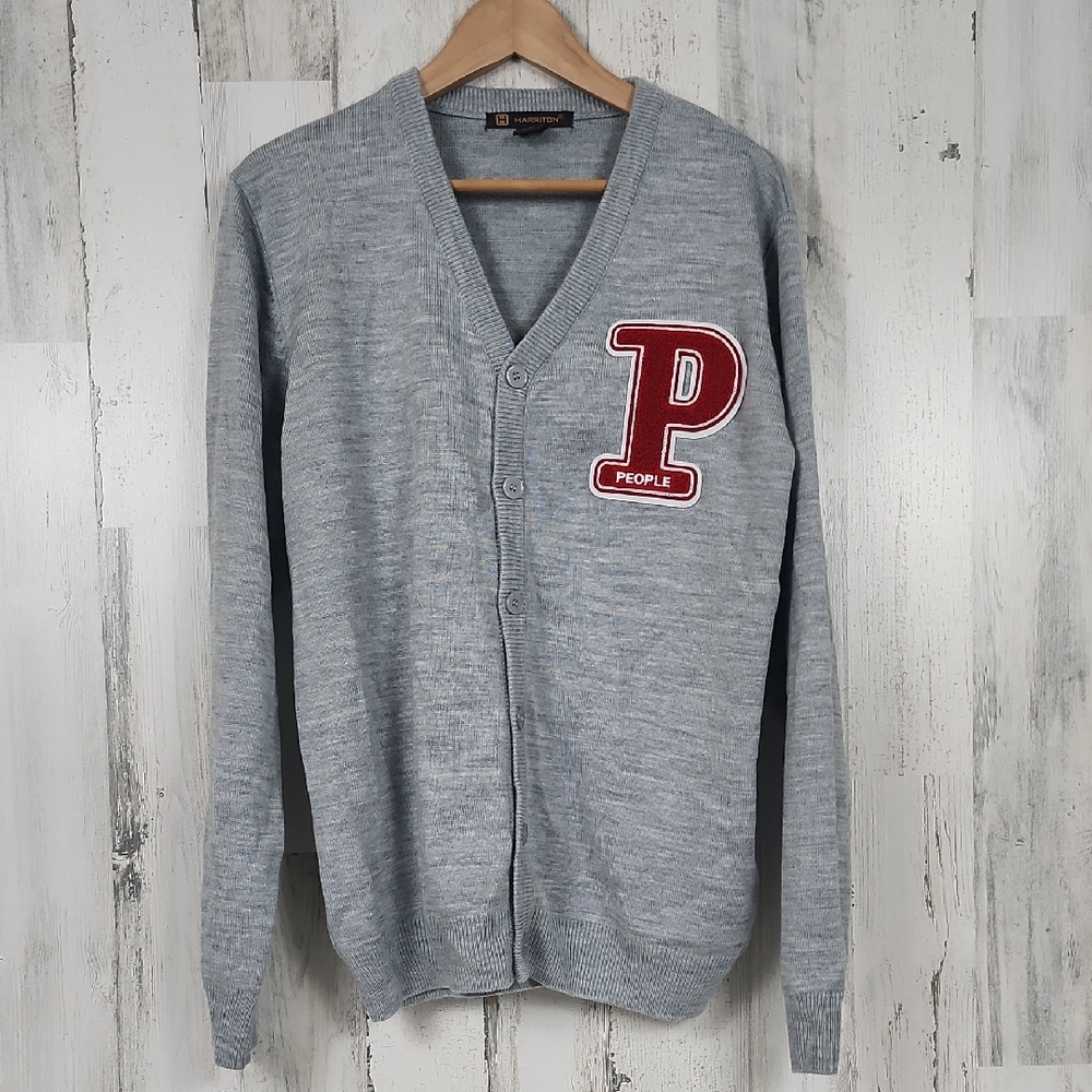 Harriton Gray Buttonup Oversized Cardigan Red P People Patch Collegiate Size Med